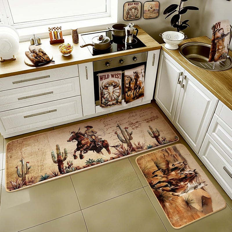 Fourluoo 10 Pcs Western Cowboy Kitchen Decor Oven Mitts and Pot Holders Set Western Cowboy Kitchen Accessories Vintage Dish Towels Farmhouse Rugs and Mats for Home Cooking Baking Housewarming Gifts - Image 5
